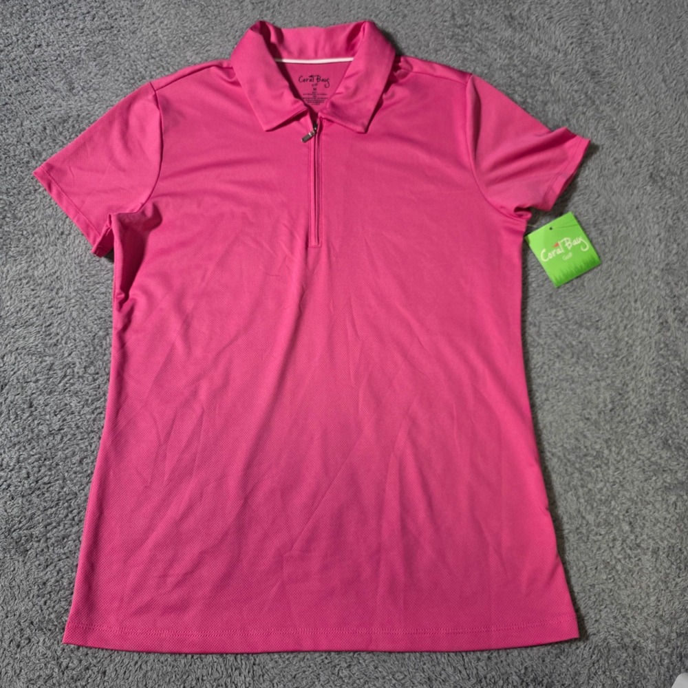 Coral Bay Golf Womens Medium Polo Shirt Pink 1/4 Zip Short Sleeve Stretch 4032